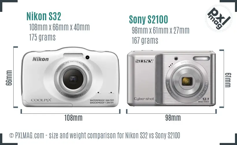 Nikon S32 vs Sony S2100 size comparison