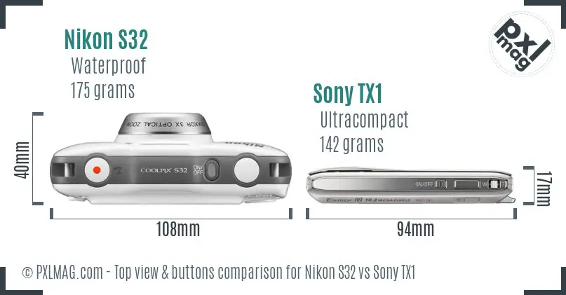 Nikon S32 vs Sony TX1 top view buttons comparison