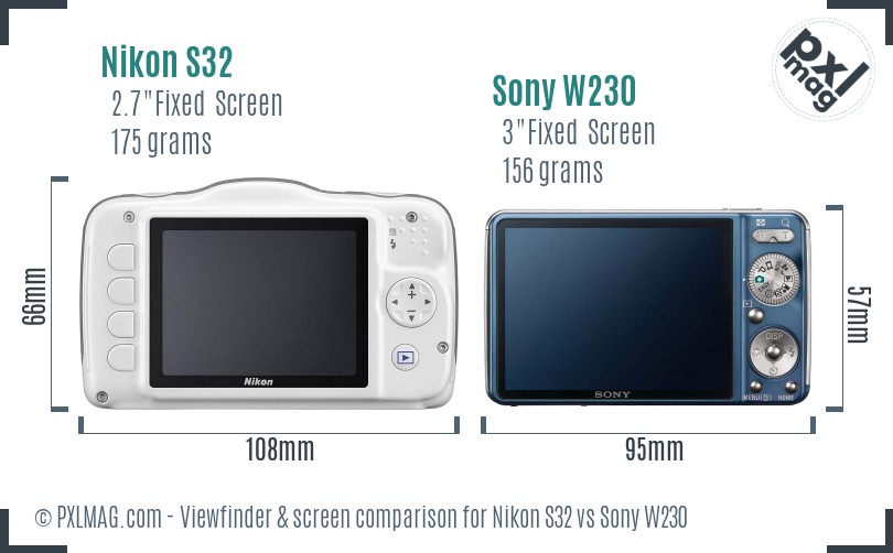 Nikon S32 vs Sony W230 Screen and Viewfinder comparison