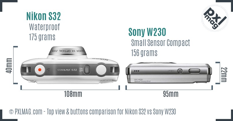 Nikon S32 vs Sony W230 top view buttons comparison
