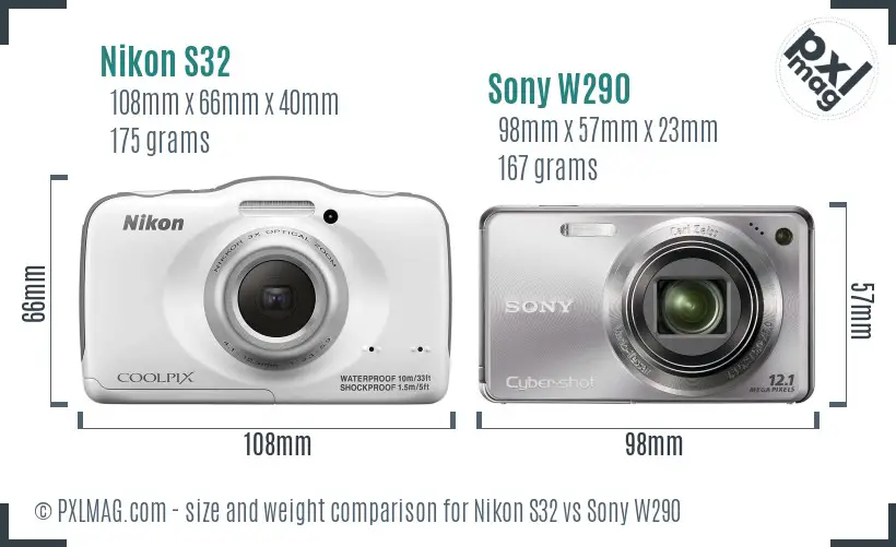 Nikon S32 vs Sony W290 size comparison