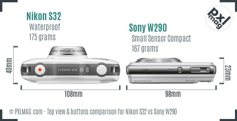 Nikon S32 vs Sony W290 top view buttons comparison
