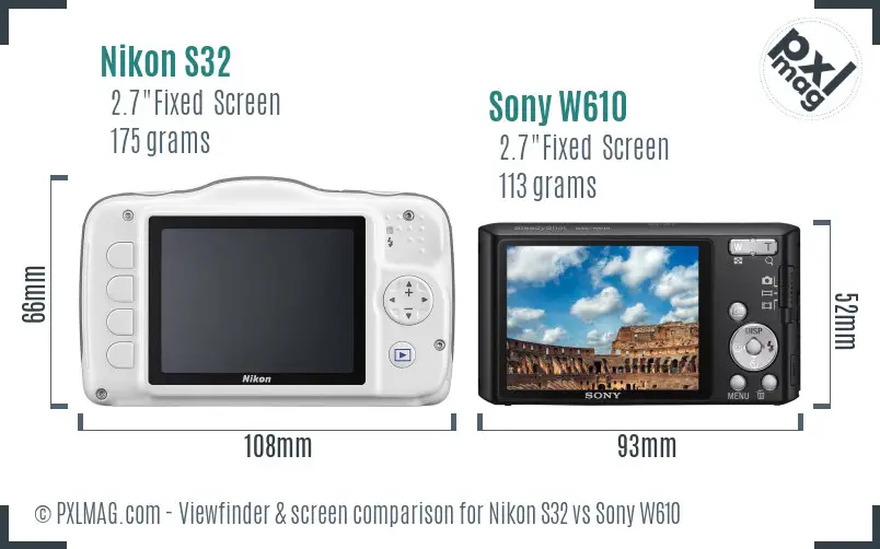 Nikon S32 vs Sony W610 Screen and Viewfinder comparison
