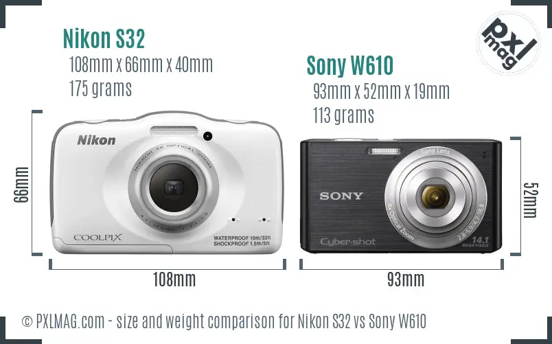 Nikon S32 vs Sony W610 size comparison