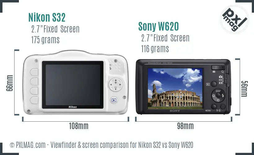 Nikon S32 vs Sony W620 Screen and Viewfinder comparison