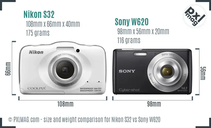 Nikon S32 vs Sony W620 size comparison