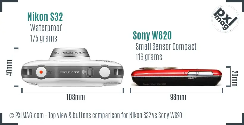 Nikon S32 vs Sony W620 top view buttons comparison