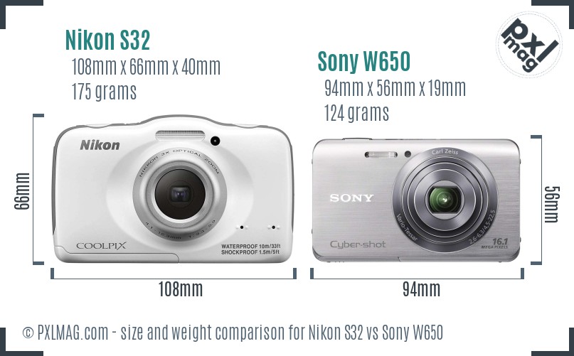Nikon S32 vs Sony W650 size comparison