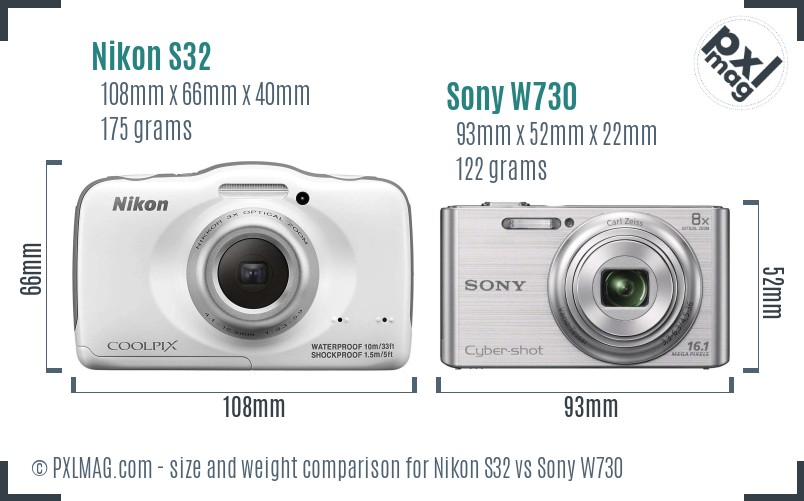 Nikon S32 vs Sony W730 size comparison