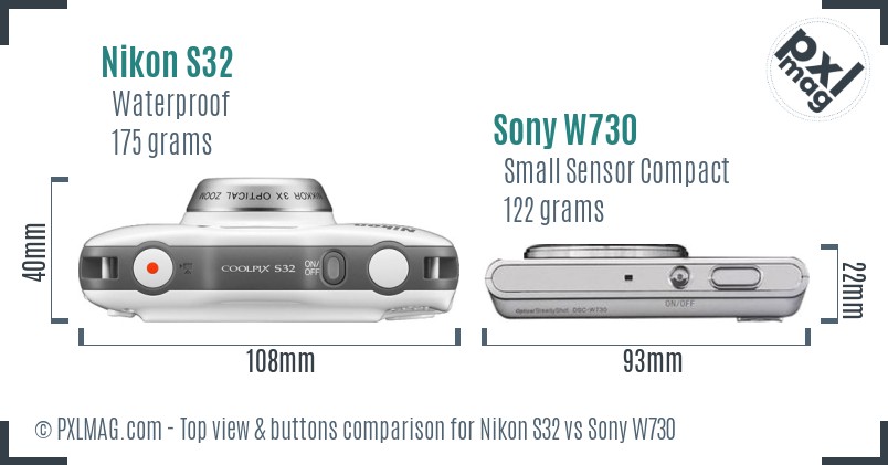 Nikon S32 vs Sony W730 top view buttons comparison
