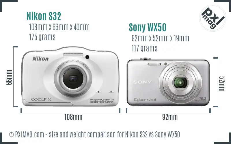 Nikon S32 vs Sony WX50 size comparison