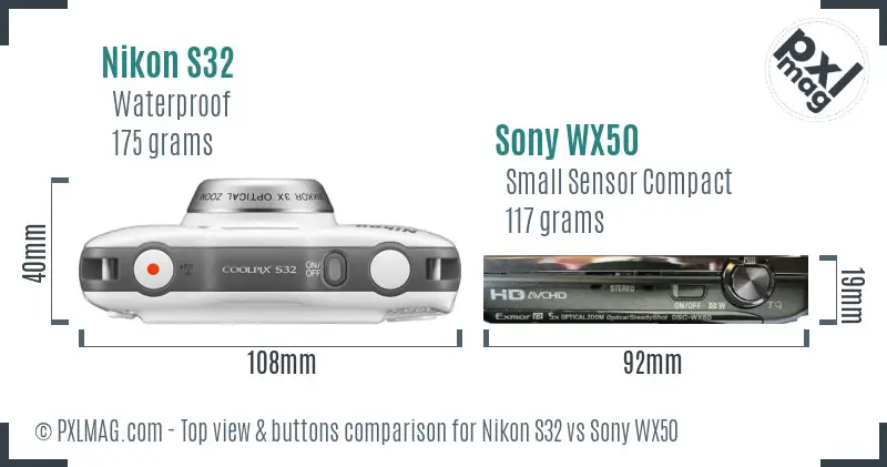 Nikon S32 vs Sony WX50 top view buttons comparison