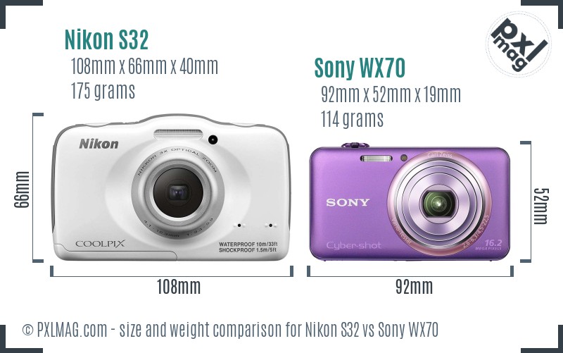 Nikon S32 vs Sony WX70 size comparison
