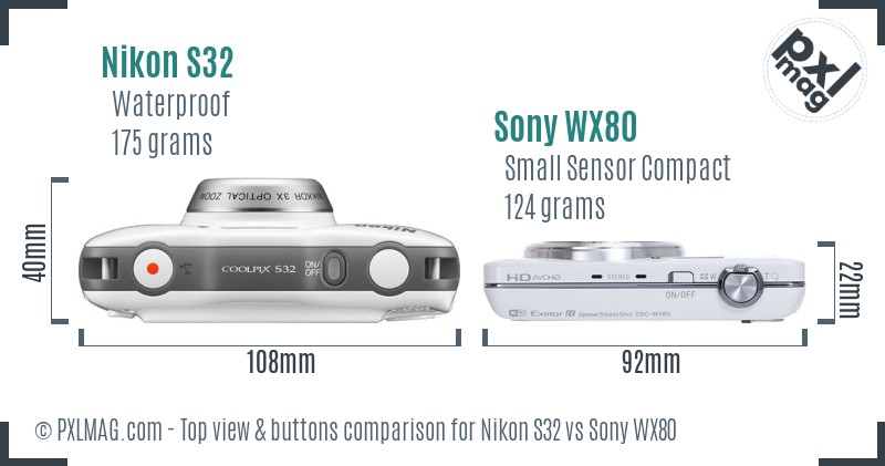 Nikon S32 vs Sony WX80 top view buttons comparison