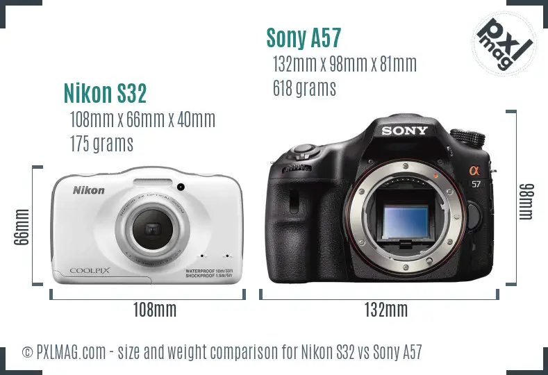 Nikon S32 vs Sony A57 size comparison