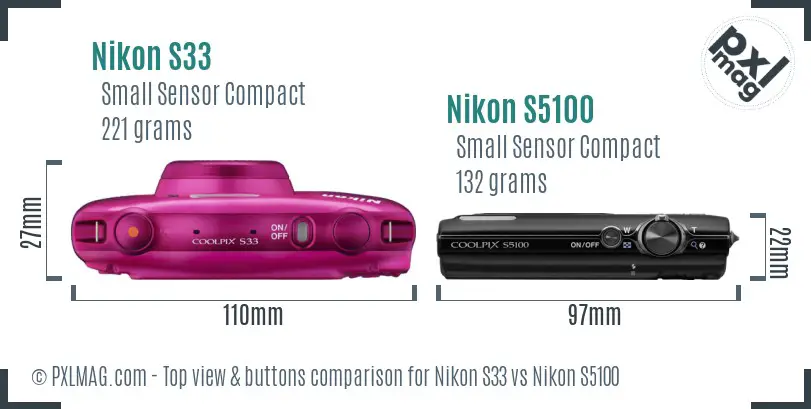 Nikon S33 vs Nikon S5100 top view buttons comparison Nikon S33 vs Nikon S5100 top view buttons comparison