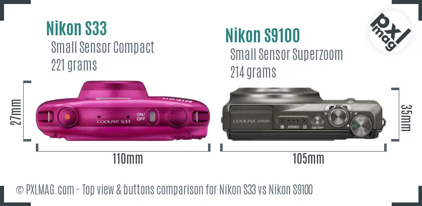 Nikon S33 vs Nikon S9100 top view buttons comparison