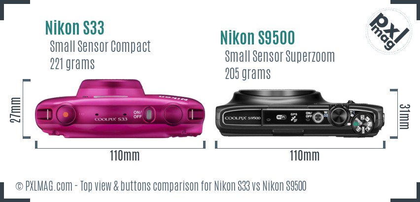 Nikon S33 vs Nikon S9500 top view buttons comparison