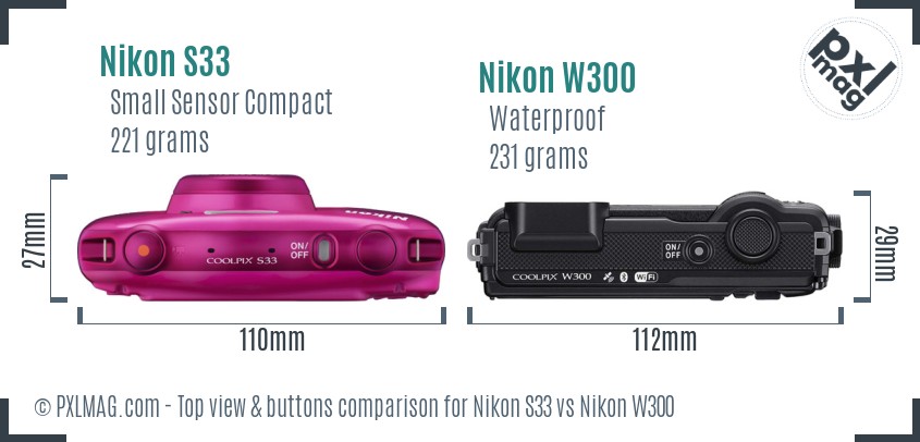 Nikon S33 vs Nikon W300 top view buttons comparison