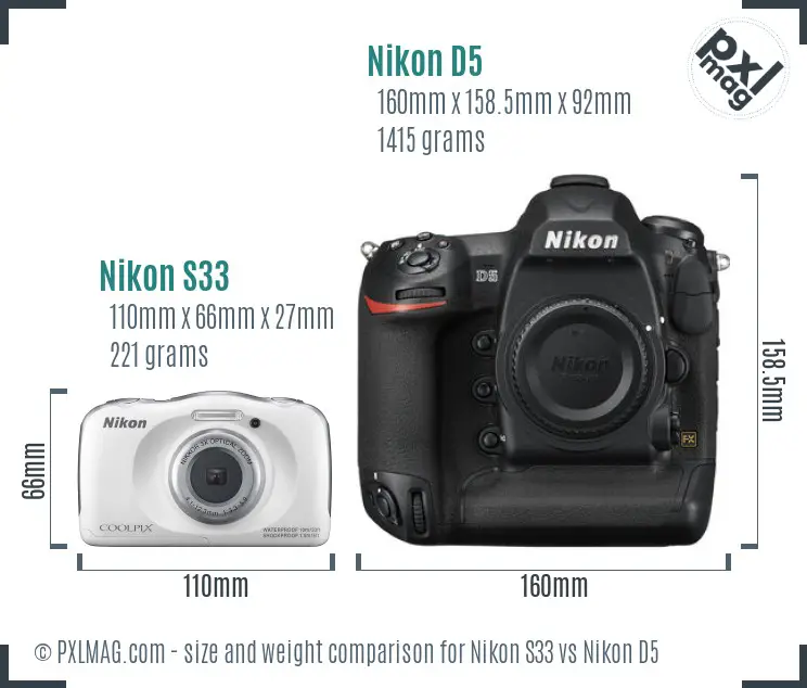 Nikon S33 vs Nikon D5 size comparison