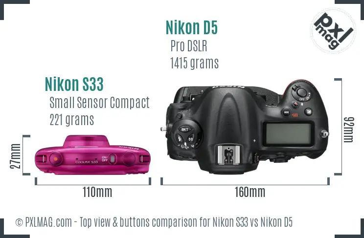 Nikon S33 vs Nikon D5 top view buttons comparison