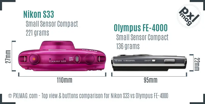 Nikon S33 vs Olympus FE-4000 top view buttons comparison