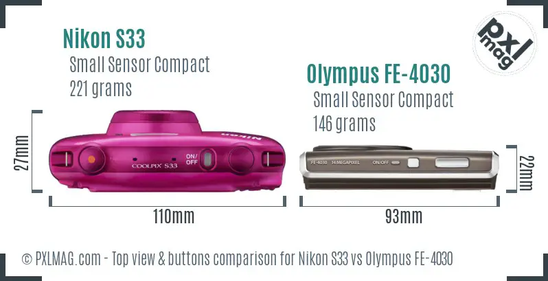 Nikon S33 vs Olympus FE-4030 top view buttons comparison