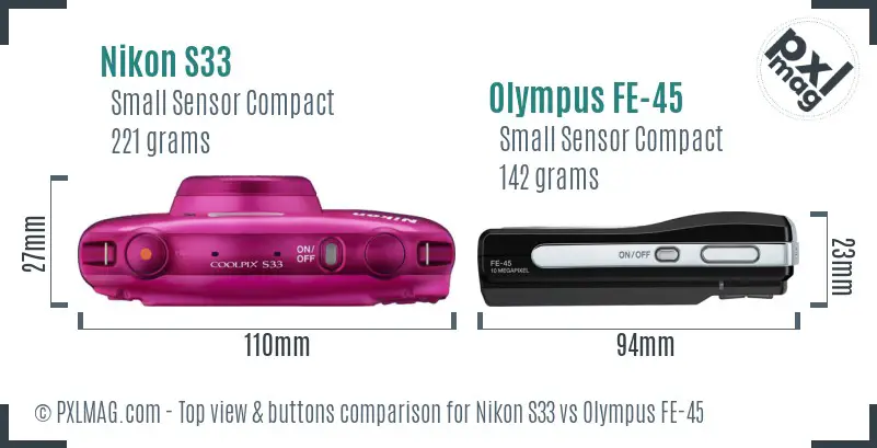 Nikon S33 vs Olympus FE-45 top view buttons comparison Nikon S33 vs Olympus FE-45 top view buttons comparison