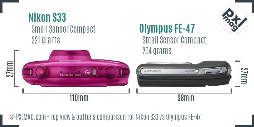 Nikon S33 vs Olympus FE-47 top view buttons comparison