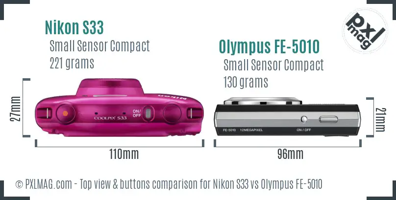 Nikon S33 vs Olympus FE-5010 top view buttons comparison