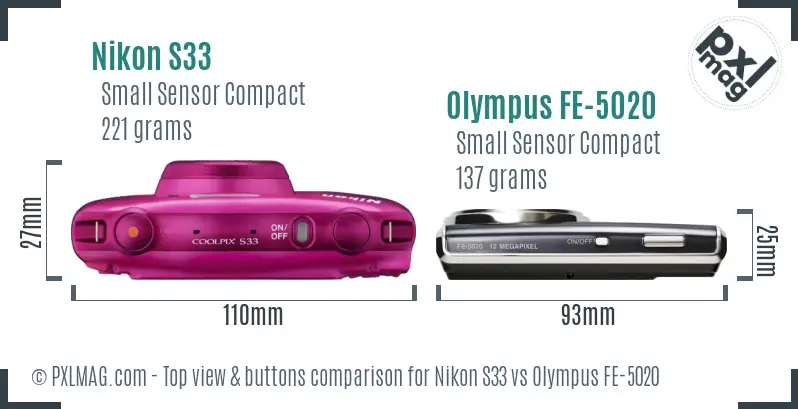 Nikon S33 vs Olympus FE-5020 top view buttons comparison Nikon S33 vs Olympus FE-5020 top view buttons comparison