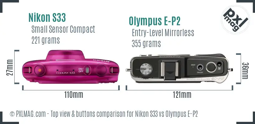 Nikon S33 vs Olympus E-P2 top view buttons comparison