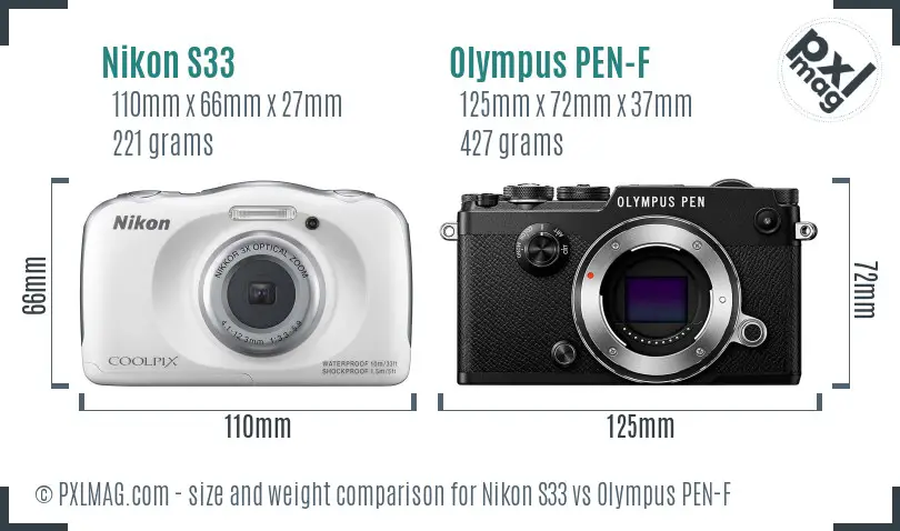 Nikon S33 vs Olympus PEN-F size comparison