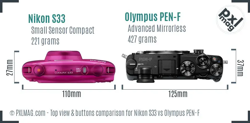 Nikon S33 vs Olympus PEN-F top view buttons comparison