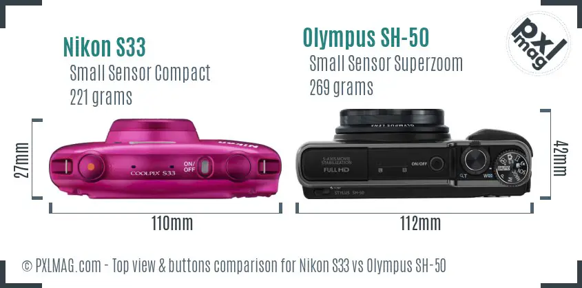 Nikon S33 vs Olympus SH-50 top view buttons comparison