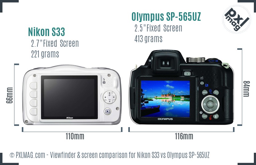Nikon S33 vs Olympus SP-565UZ Screen and Viewfinder comparison