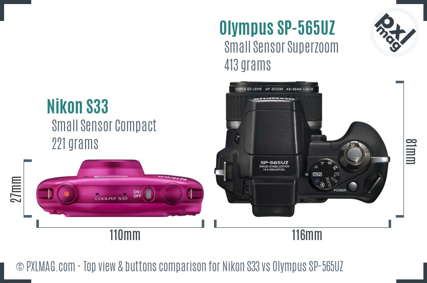 Nikon S33 vs Olympus SP-565UZ top view buttons comparison
