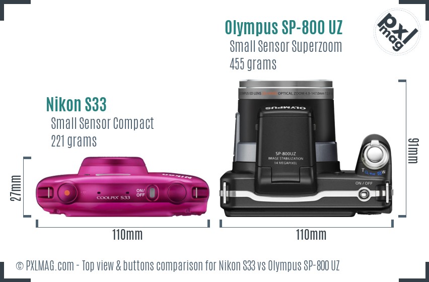 Nikon S33 vs Olympus SP-800 UZ top view buttons comparison