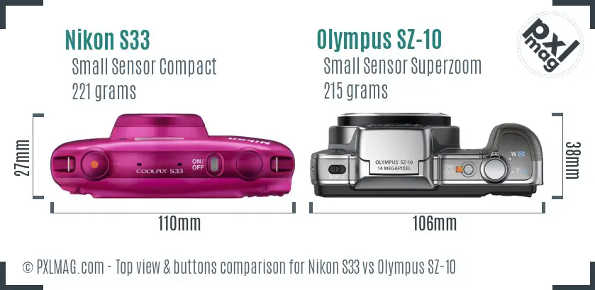 Nikon S33 vs Olympus SZ-10 top view buttons comparison