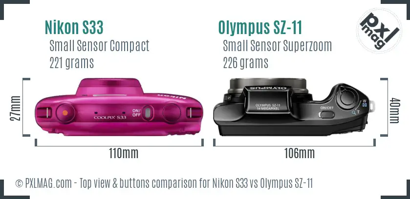 Nikon S33 vs Olympus SZ-11 top view buttons comparison