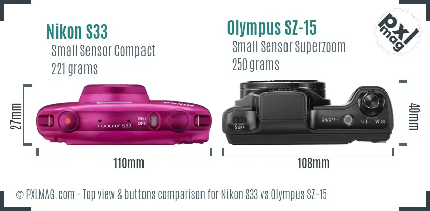 Nikon S33 vs Olympus SZ-15 top view buttons comparison