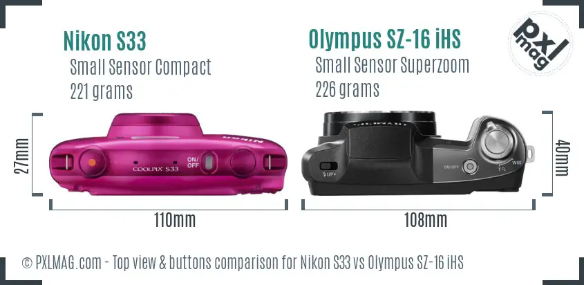 Nikon S33 vs Olympus SZ-16 iHS top view buttons comparison