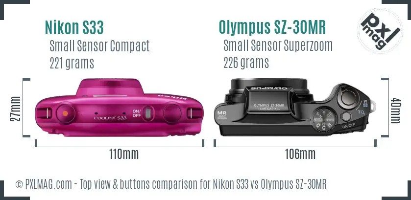 Nikon S33 vs Olympus SZ-30MR top view buttons comparison
