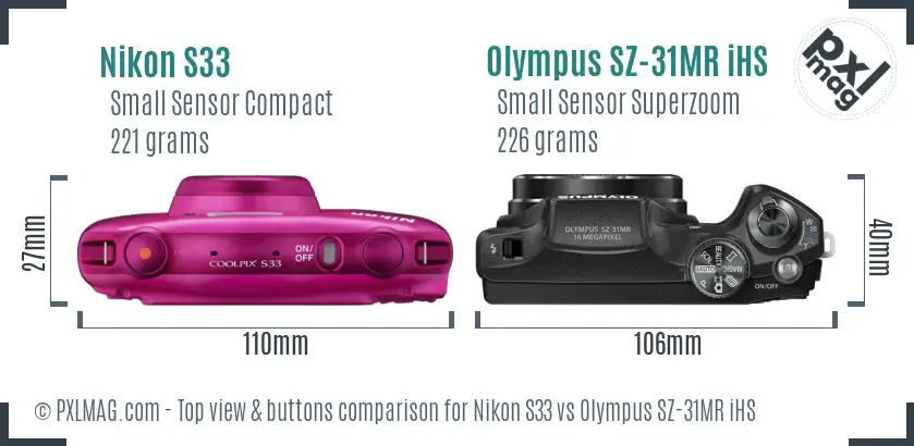 Nikon S33 vs Olympus SZ-31MR iHS top view buttons comparison Nikon S33 vs Olympus SZ-31MR iHS top view buttons comparison