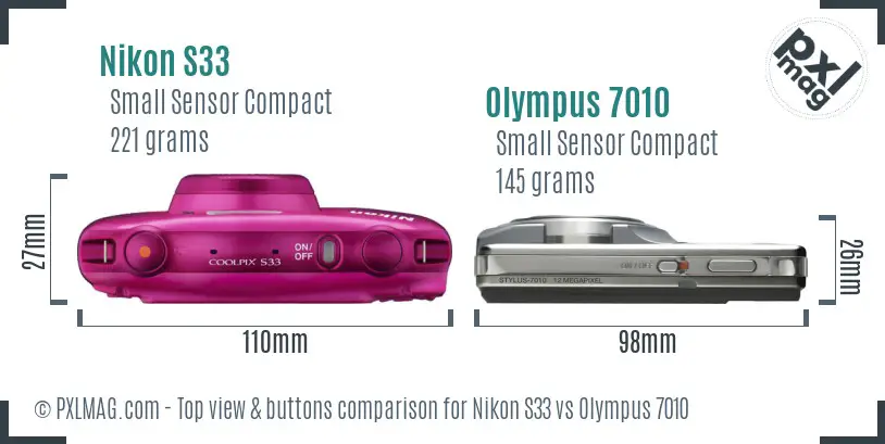 Nikon S33 vs Olympus 7010 top view buttons comparison Nikon S33 vs Olympus 7010 top view buttons comparison