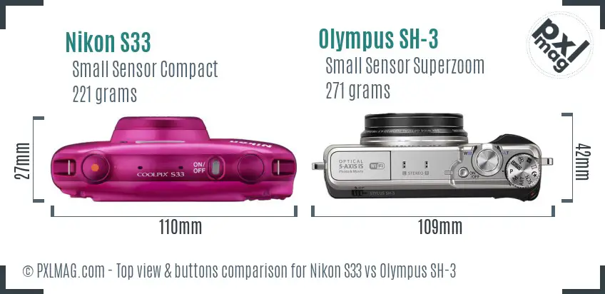 Nikon S33 vs Olympus SH-3 top view buttons comparison