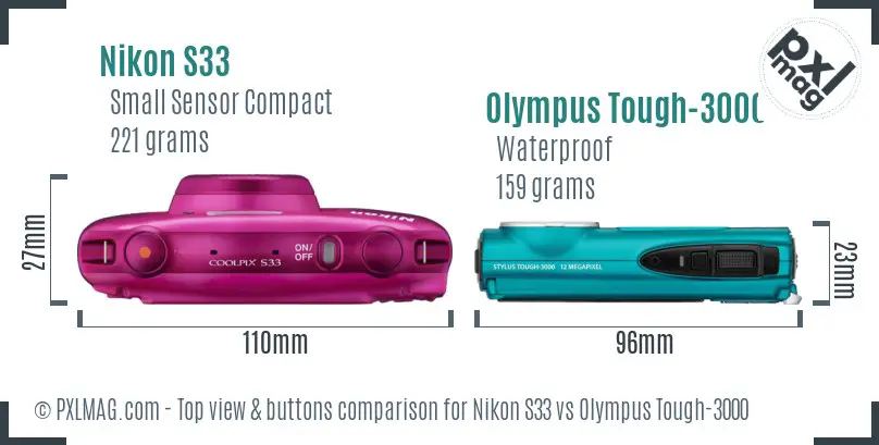 Nikon S33 vs Olympus Tough-3000 top view buttons comparison