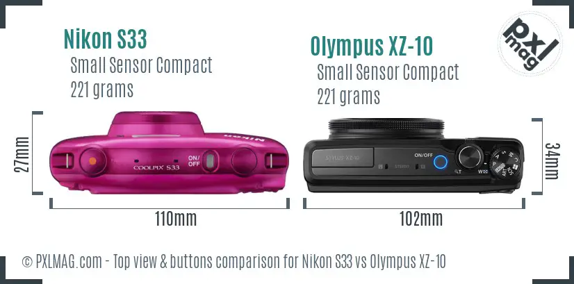 Nikon S33 vs Olympus XZ-10 top view buttons comparison