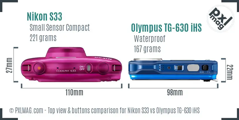 Nikon S33 vs Olympus TG-630 iHS top view buttons comparison Nikon S33 vs Olympus TG-630 iHS top view buttons comparison