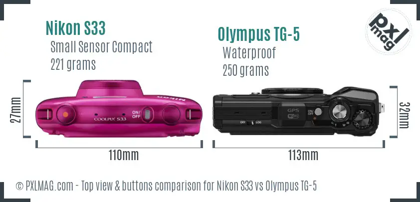 Nikon S33 vs Olympus TG-5 top view buttons comparison